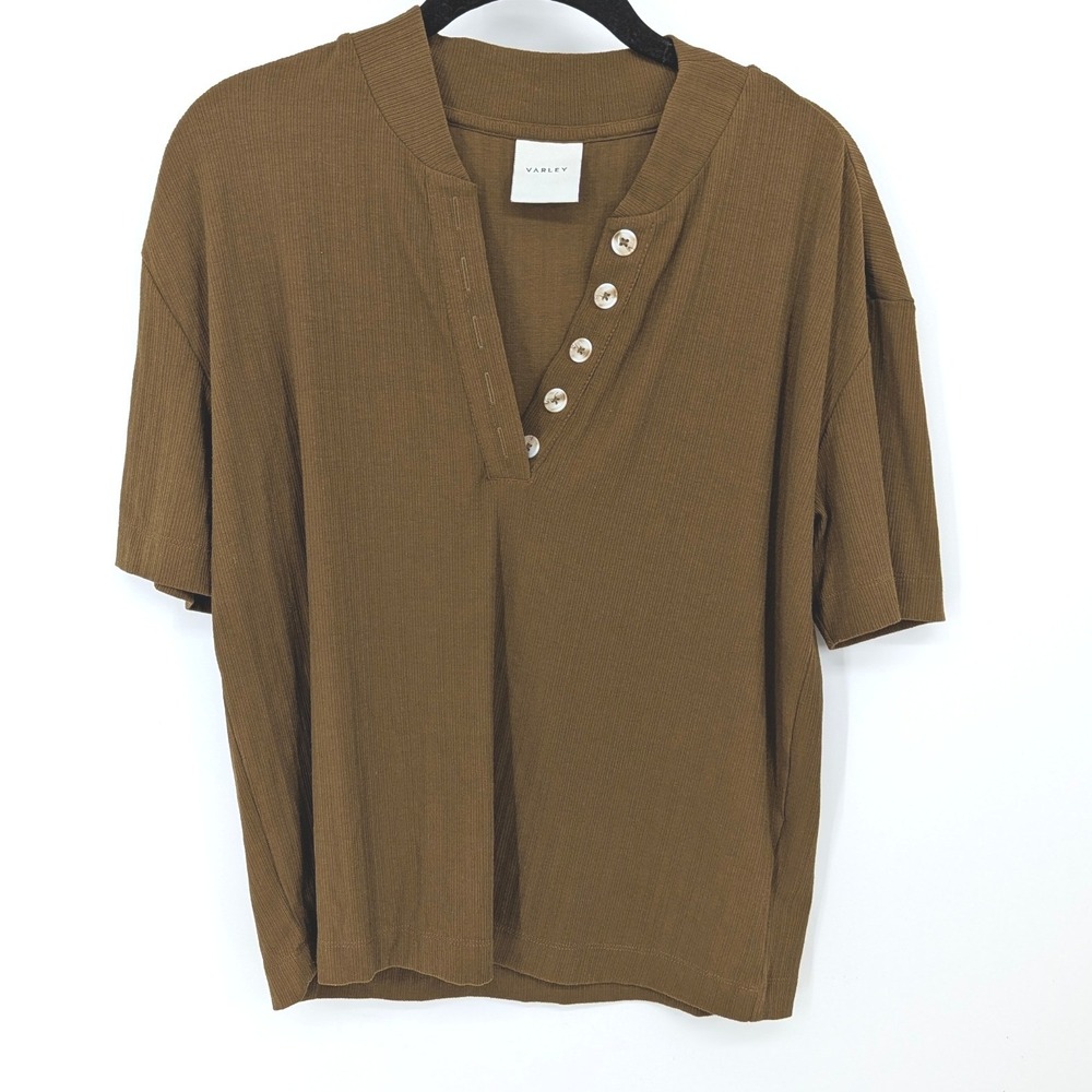 Varley Kasey Mock Placket Rib Tee Women XS Brown Short Sleeve Top Minimalist